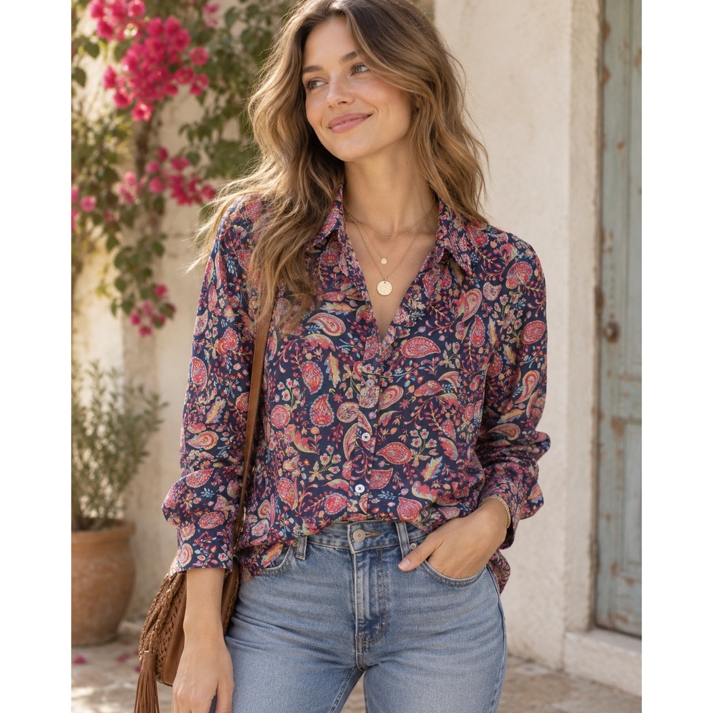 Talbots Womens Navy Blue Paisley Floral Cotton Button Down Shirt Long Sleeve XL